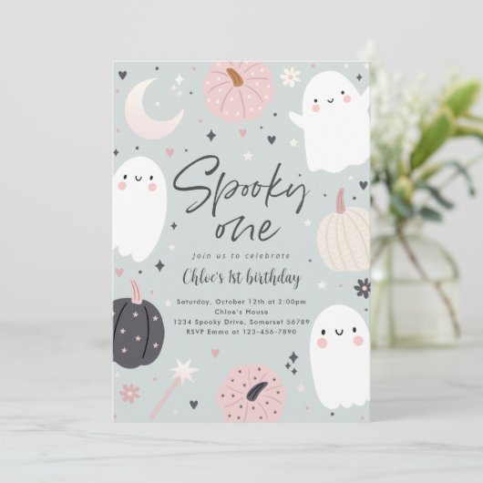 Invitation Éffrayant Un Boho Halloween Ghost 1er Anniversaire (Debout devant)