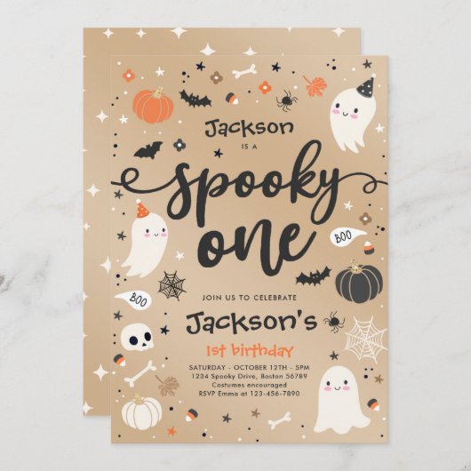 Invitation Éffrayant Un Fantôme d'Halloween Vintage 1er anniv (Devant / Derrière)