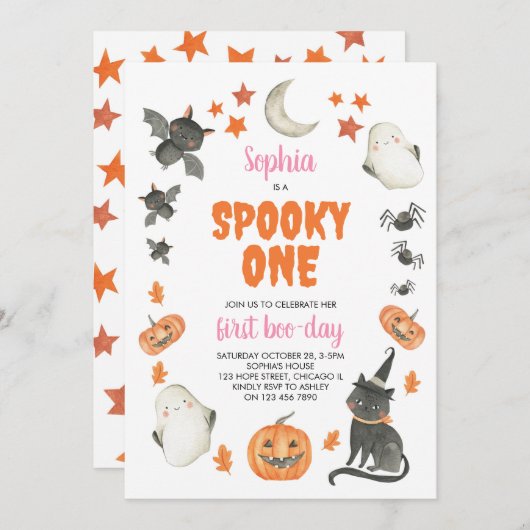 Invitation Éffrayant un mignon Halloween Fantôme Fille 1er an (Devant / Derrière)