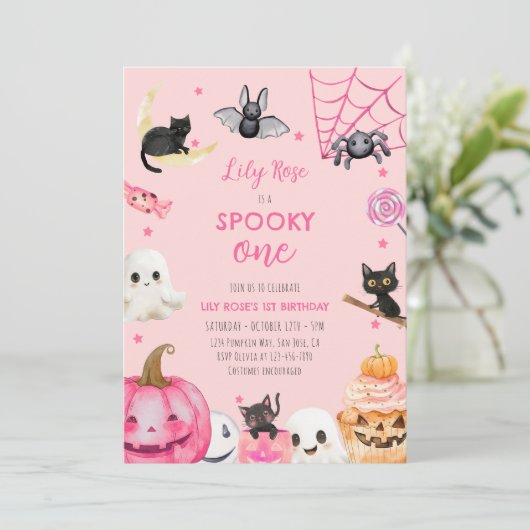 Invitation Éffrayant Un Pink Halloween Cute Ghost 1er Anniver (Debout devant)