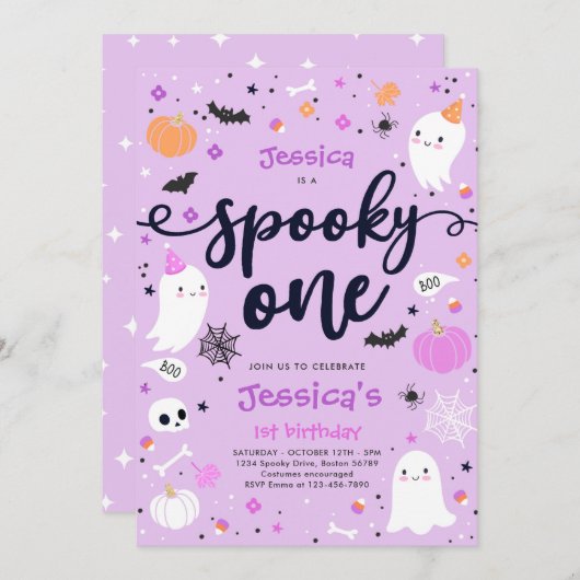 Invitation Éffrayant Une Mignonne Halloween Ghost 1ère fête d (Devant / Derrière)