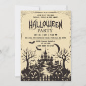 Invitation Éffrayant vintage lune hantée nuit noire Halloween (Devant)