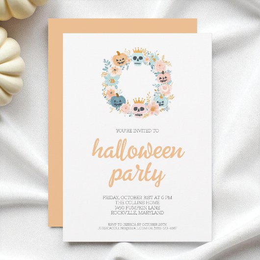 Invitation Éffrayante Orange Crâne Florale Wreath Halloween P