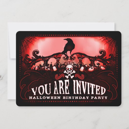 Invitation Éffrayante Red & Black Raven Halloween fête d'anni (Devant)