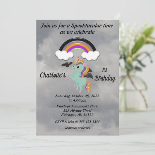 Invitation éffrayante Unicorne 1er anniversaire (Debout devant)