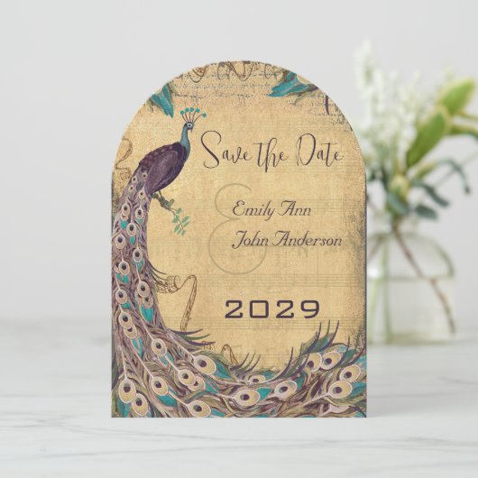 Invitation Eggplant Aqua Peacock Vintage 3 Plumes (Debout devant)