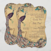 Invitation Eggplant Aqua Peacock Vintage 3 Plumes (Devant / Derrière)