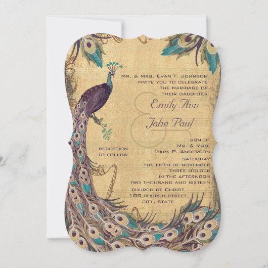 Invitation Eggplant Aqua Peacock Vintage 3 Plumes (Devant)