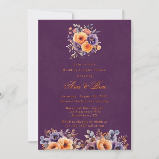 Invitation Eggplant Orange Floral Mariage Couples Douche (Devant)