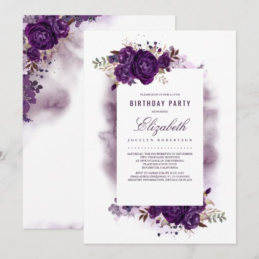 Invitation Eggplant Purple Floral Aquarelle Fête Anniversaire (Devant / Derrière)