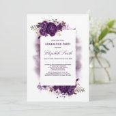 Invitation Eggplant Purple Floral Aquarelle Partie de Graduat (Debout devant)