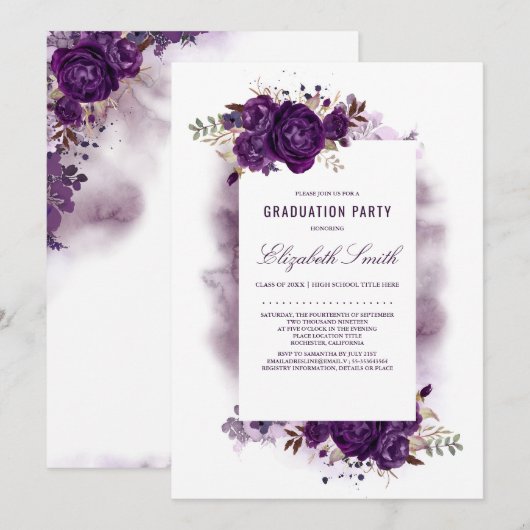 Invitation Eggplant Purple Floral Aquarelle Partie de Graduat (Devant / Derrière)