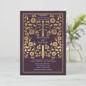 Invitation Eggplant Royal Medieval Gold Sword Wedding QR Code (Debout devant)