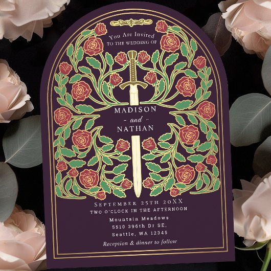 Invitation Eggplant Royal Medieval Sword Wedding Arch