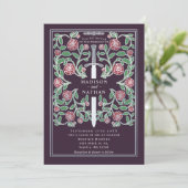Invitation Eggplant Silver Sword Medieval Fantasy Wedding (Debout devant)