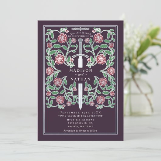 Invitation Eggplant Silver Sword Medieval Fantasy Wedding (Debout devant)