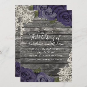 Invitation Eggplant violet Rose Russe Mariage dentelle en boi