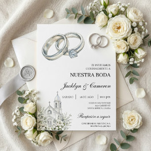 Invitation Église blanche avec anneau Mariage espagnol
