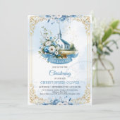 Invitation Église catholique bleu poussiéreux cadre doré (Debout devant)