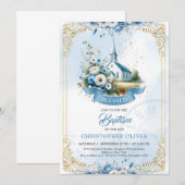 Invitation Église catholique bleu poussiéreux cadre doré (Devant / Derrière)