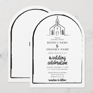 Invitation Église dessinée à la main Mariage traditionnel et