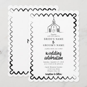 Invitation Église Dessinée à la Main Mariage Traditionnel Fan