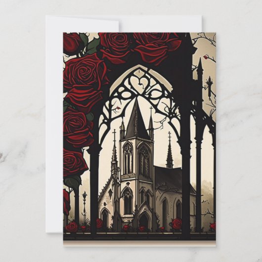Invitation Église noire avec Roses rouges Mariage gothique (Devant)