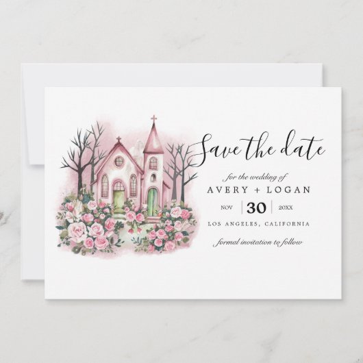Invitation église rose aquarelle florale save the date (Devant)