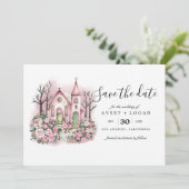 Invitation église rose aquarelle florale save the date (Debout devant)