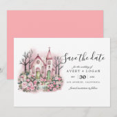 Invitation église rose aquarelle florale save the date (Devant / Derrière)