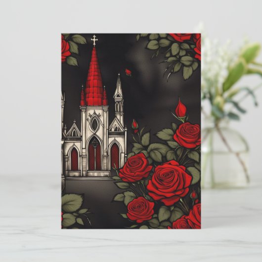 Invitation Eglise rouge et Mariage d'élégance gothique Rose (Debout devant)