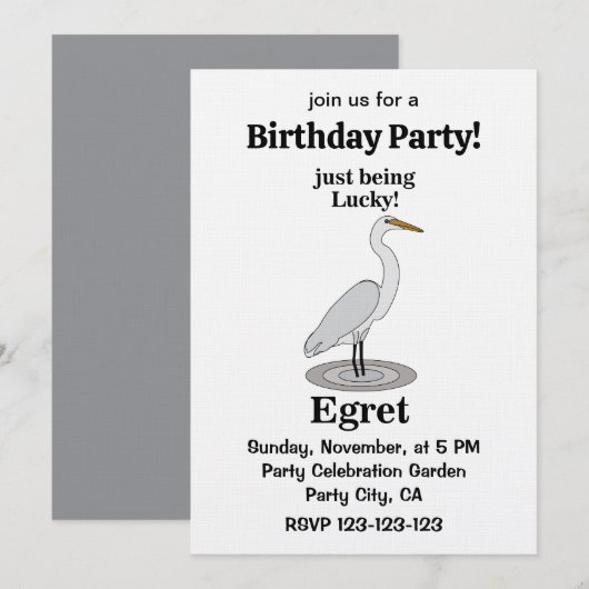 Invitation Egret Lucky Bird Birthday Party (Devant / Derrière)