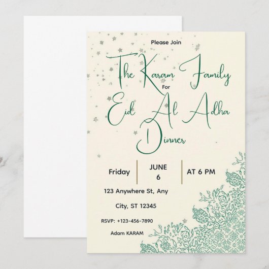 Invitation Eid  Al Adha Sage Green Dinner  (Devant / Derrière)