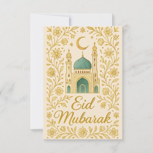 Invitation Eid Moubarak - Fleurs de mosquée blanches et dorée (Devant)