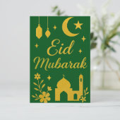 Invitation Eid Moubarak - Fleurs de mosquée vertes et dorées (Debout devant)