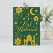 Invitation Eid Moubarak - Fleurs de mosquée vertes et dorées (Debout devant)