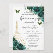 Invitation Eiffel Paris Quinceañera Emerald Green Floral (Devant)