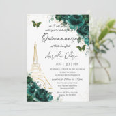 Invitation Eiffel Paris Quinceañera Emerald Green Floral (Debout devant)