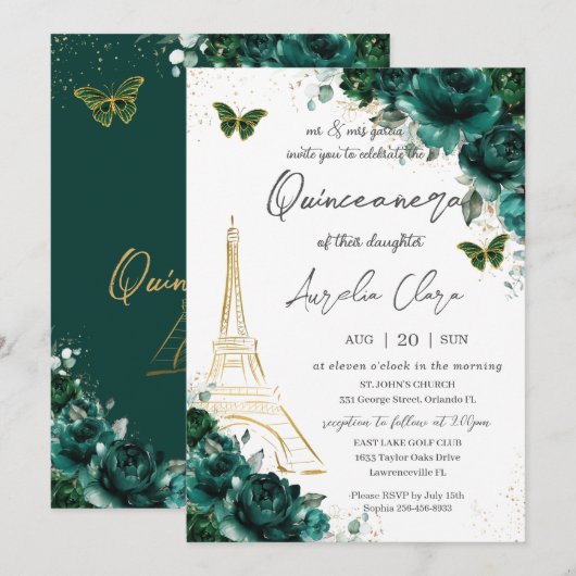 Invitation Eiffel Paris Quinceañera Emerald Green Floral (Devant / Derrière)
