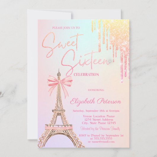 Invitation Eiffel Tower Bow Glitter Drips  Sweet 16   (Devant)