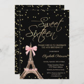 Invitation Eiffel Tower Bow Gold Diamonds Black Sweet 16 (Devant / Derrière)