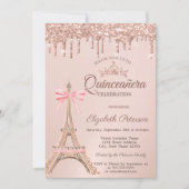 Invitation Eiffel Tower,Bow Rose Gold Drips Quinceañera (Devant)