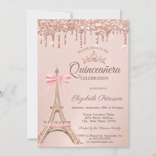 Invitation Eiffel Tower,Bow Rose Gold Drips Quinceañera (Devant)