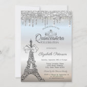 Invitation Eiffel Tower,Bow,Tiara,Drips Silver Quinceañera (Devant)