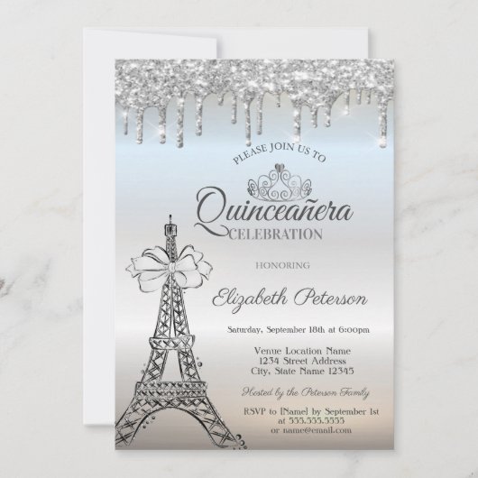 Invitation Eiffel Tower,Bow,Tiara,Drips Silver Quinceañera (Devant)