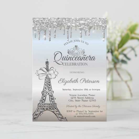 Invitation Eiffel Tower,Bow,Tiara,Drips Silver Quinceañera (Debout devant)