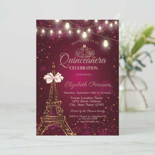 Invitation Eiffel Tower,Bow,Tiara Lights Red Quinceañera (Debout devant)