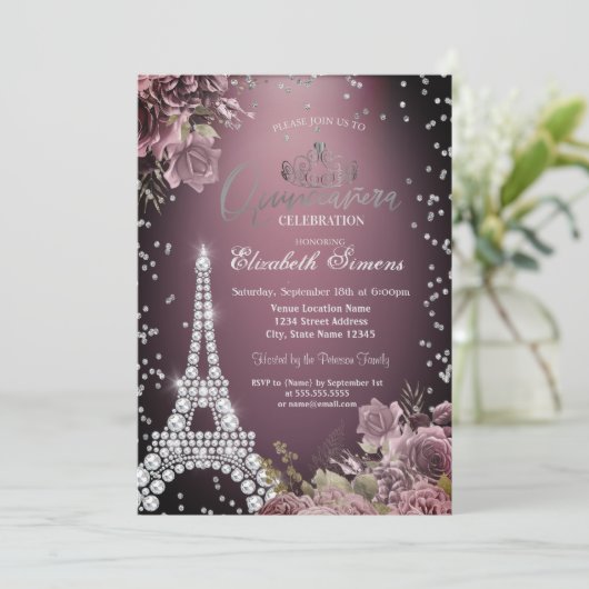 Invitation Eiffel Tower Diamonds Dark Roses Burgundy (Debout devant)