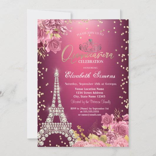 Invitation Eiffel Tower Diamonds Roses Red Quinceanera (Devant)