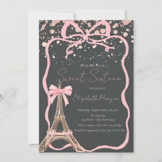 Invitation Eiffel Tower Pink Bow Dots Gray Sweet 16 (Devant)